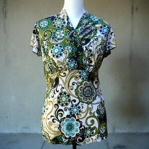 JKLA Y2K Floral Paisley Empire Waist Crossover V-Neck Short Sleeve Top (Sz M)